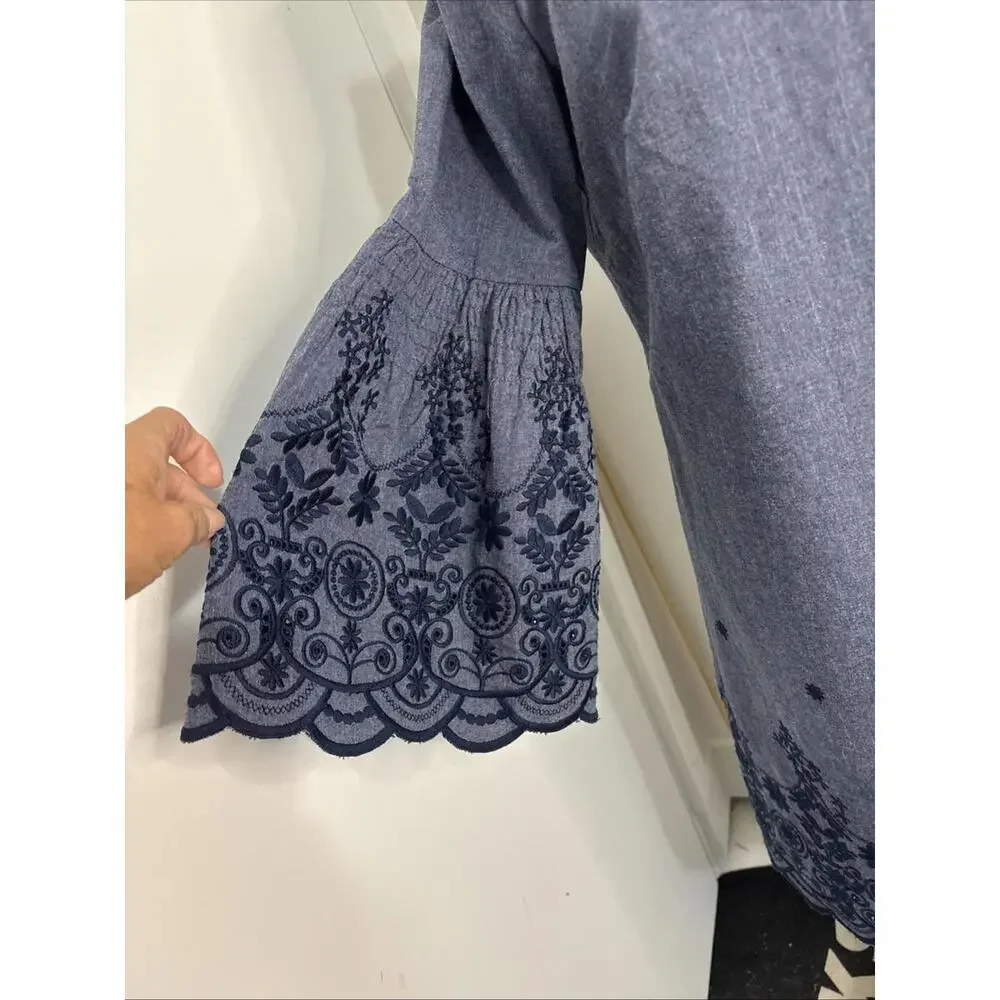 Eliza J Blue Chambray Embroidered 6 Bell Sleeve Boat Neck Mini‎ Dress NWOT